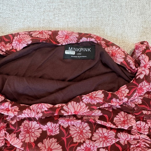 MINKPINK Dakota Pink Floral Ruched Mesh Midi Skirt Large Lined A-Line Size Large - Picture 5 of 8